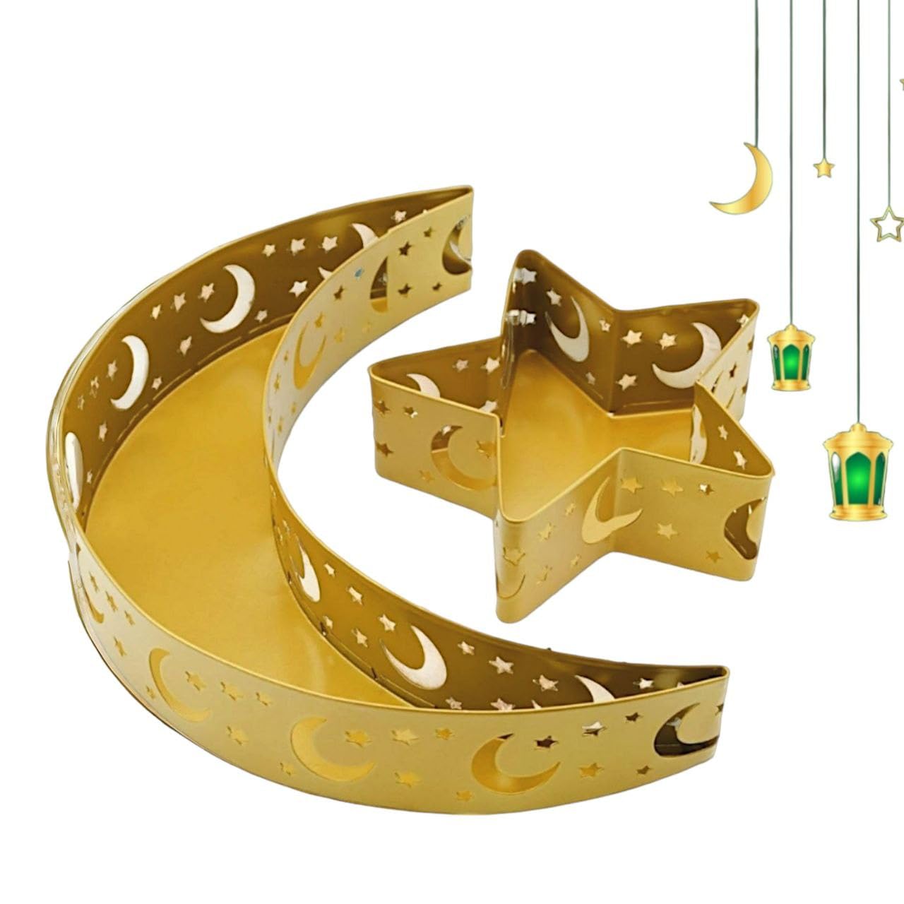 Moon and Star 2Pc Ramadan Golden Tray set for Home, Eid Gift, Table Decorations, Table Tray, Ramadan Tableware, Ramadan decorations, Home Gift, Serve Plate, Food Storage, Golden Tray Set