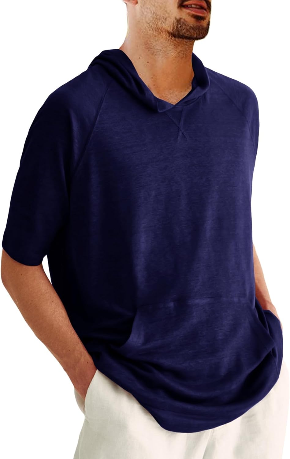 Men's Thin Hooded T Shirt Sweatshirts Short Sleeve Cool Solid Color Pullover Hoodies with Kangaroo Pockets