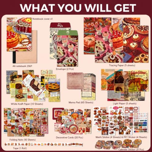 Image of RANDEN Kitcake Journaling Kit, 346PCS Vintage Scrapbook & Stationery Set with Aesthetic Stickers, Ephemera Pack and Journal Supplies for Bullet Journals, Planners, Albums & Creative Crafts (Food Diary)