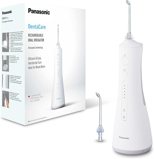 Panasonic EW1511W503 przenośny irygator z technologią ultradźwiękową (ładowanie 1h, 5 stopni strumienia wody (max. 647kPa), zbiornik 200ml), biały
