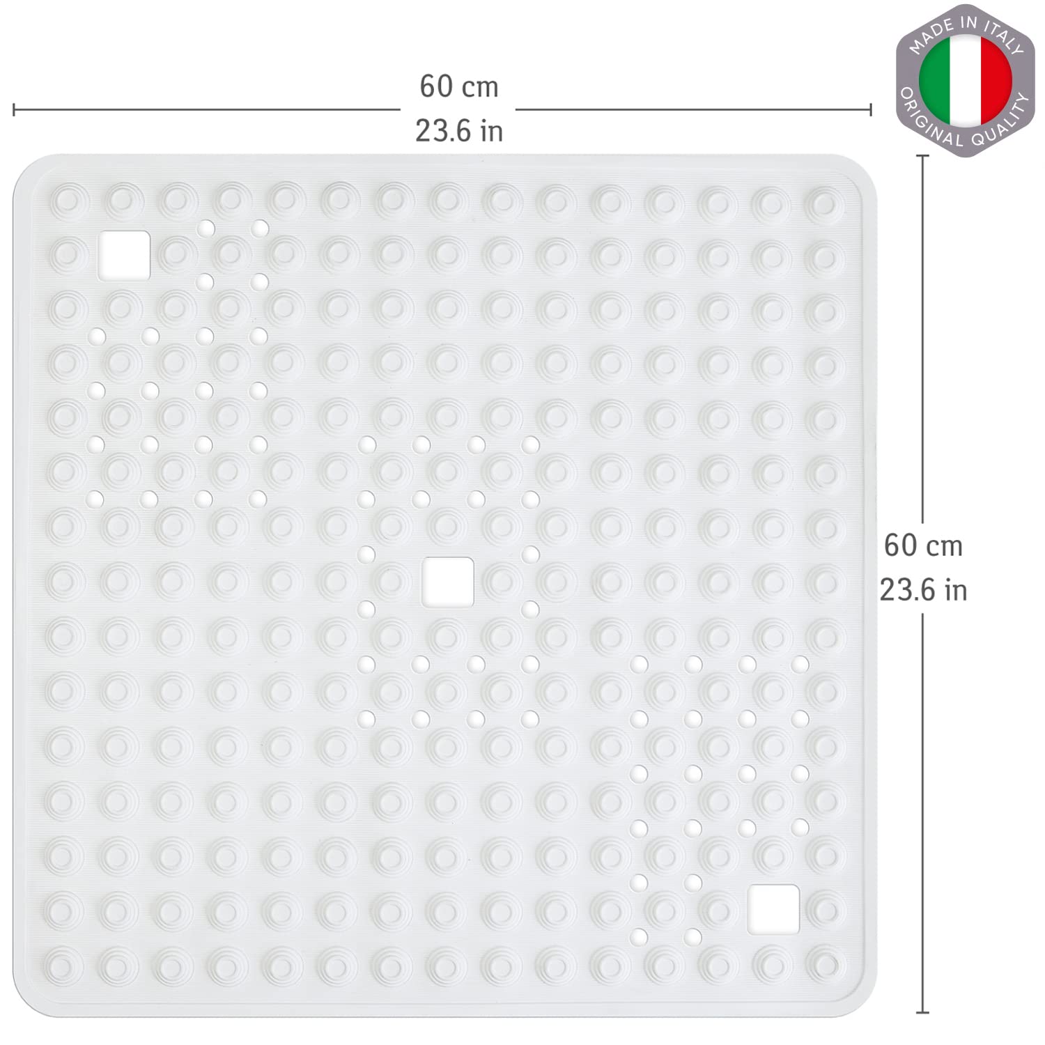 Tatkraft Detail - Made in Italy - biała antypoślizgowa mata prysznicowa do wewnątrz prysznica/wanny - 60 x 60 cm (23,6 x 23,6 cala) - nie zawiera BPA - duża kwadratowa mata łazienkowa z naturalnej