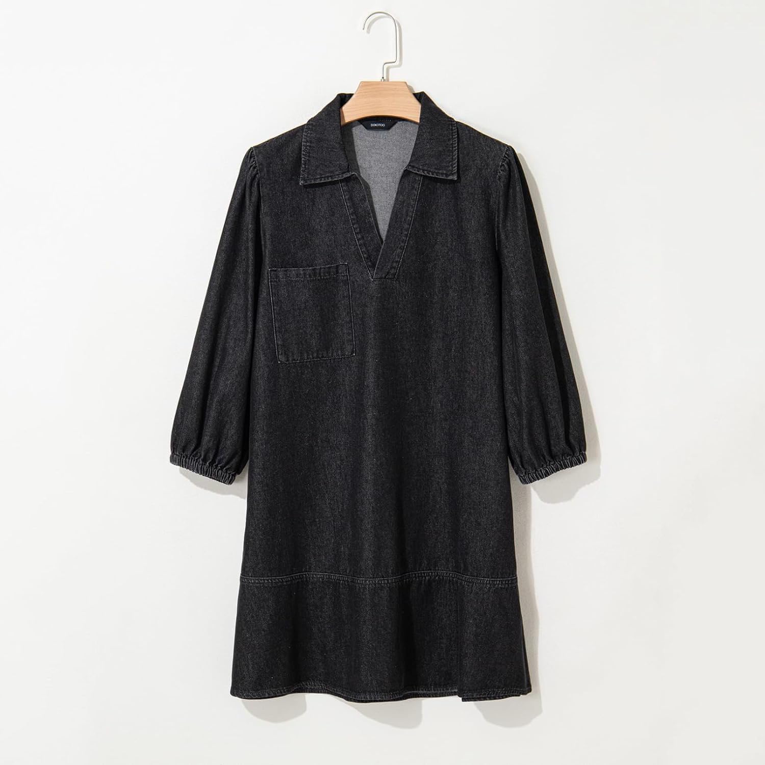 Vestido Vaquero con Capas, Cuello en V y Mangas abullonadas para Mujer, Vestidos Vaqueros con Volantes y Mangas 3/4, Vestido Vaquero Camisero Holgado de Verano con Bolsillos. (Black,L)