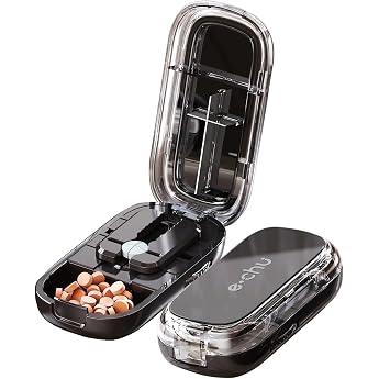 Pill Cutter, Pill Cutter 4 Section, Pill Cutter for Small and Micro Pill, 2025 New Portable Daily Pill Box with Centering Device, Adjustable Small and Micro Pill Cutter, Precise Pill Alignment Function Black