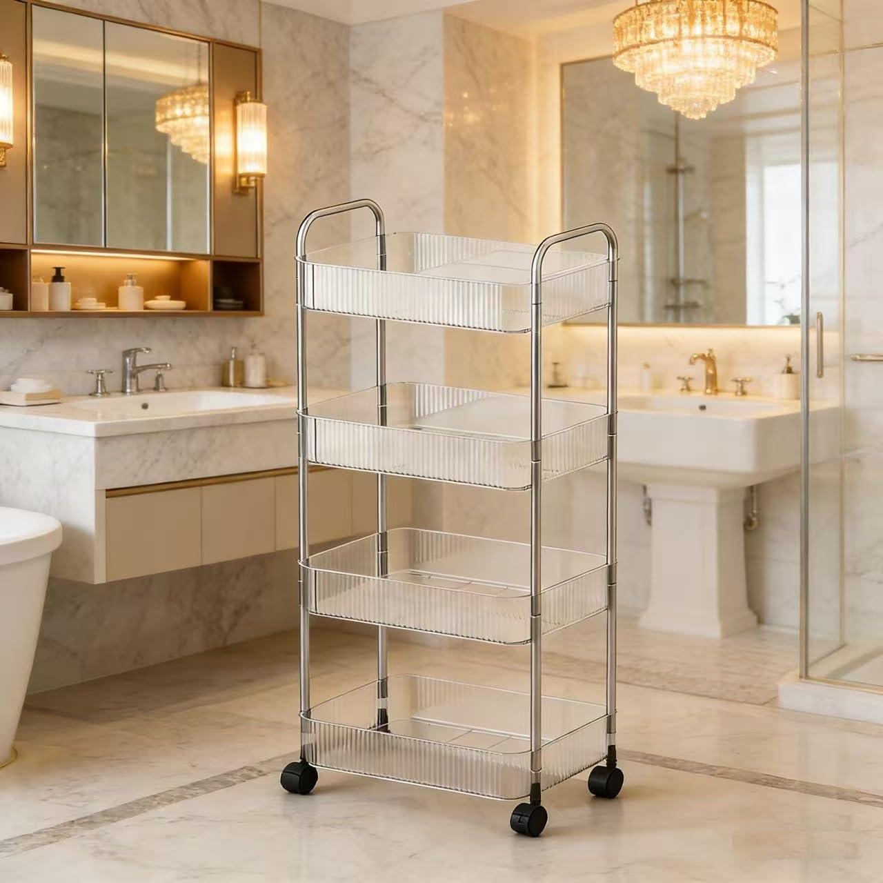 Multibao 2/3/4 Tier Storage Trolley on Wheels - Acrylic Shelf Bathroom Spa System - Salon Beauty Cart (4 Tier 40 * 28.5 * 90cm)