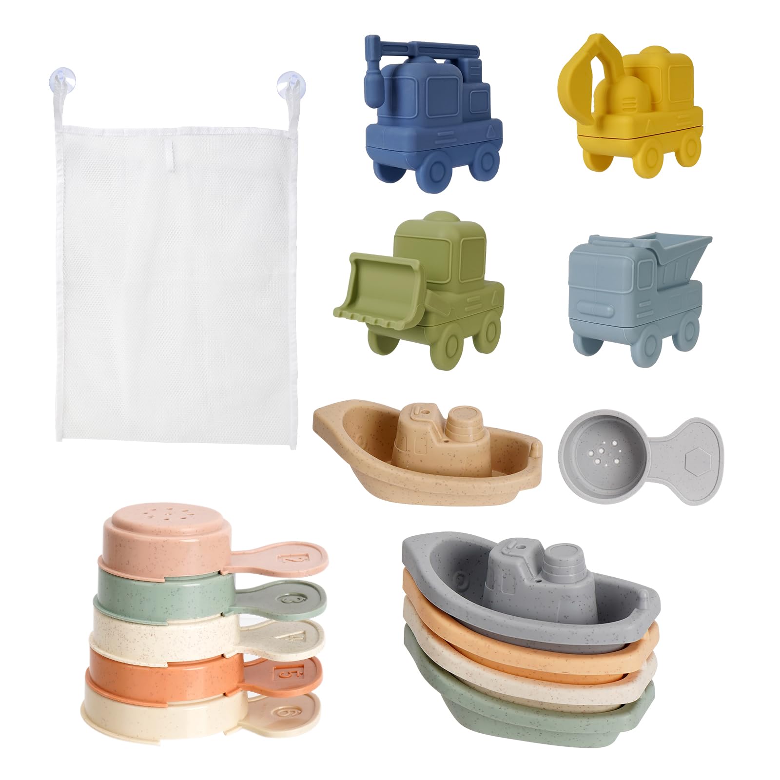 Juguete de baño para Bebe, 16 piezas de juguete de baño de bebé de prensa sensorial con barcos apilables, vehículos de motor y cuchara, silicona suave juguete de baño niño juguete piscina juguetes
