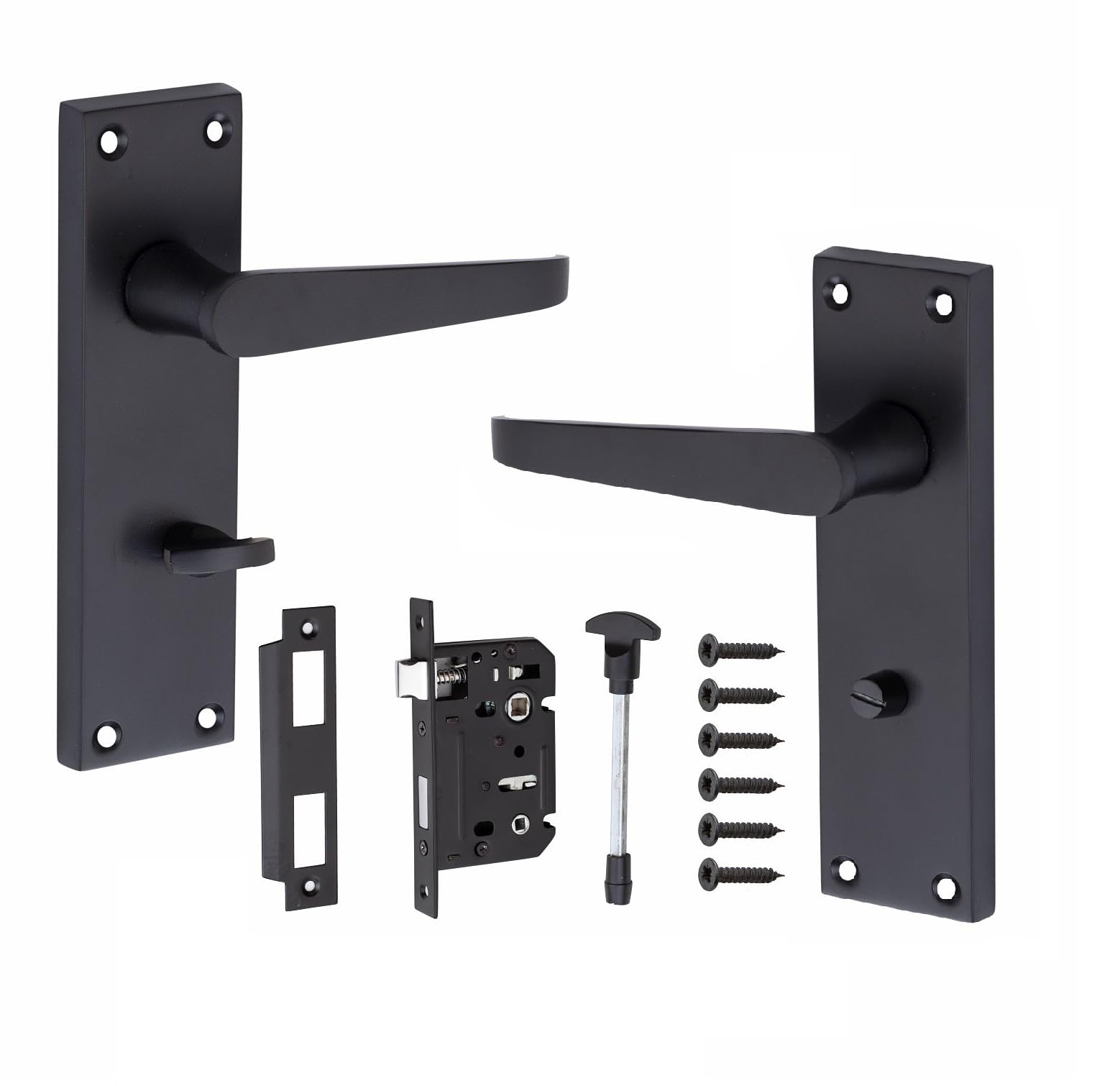 Golden Grace Victorian Straight Handle Bathroom WC Toilet Door Handles in Matt Black, Complete with (GG) 64mm Bathroom Mortise Lock - 150mm x 40mm Backplate