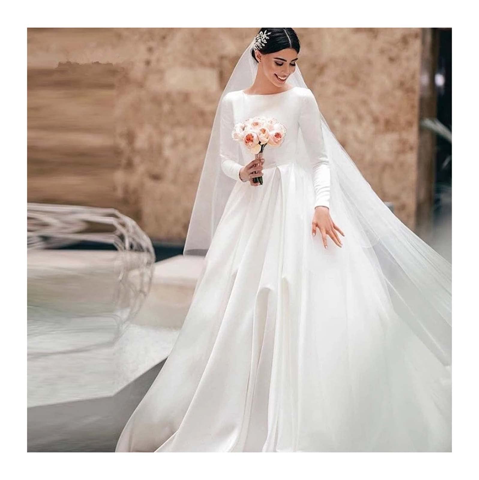 Vestido de Novia Femenino, Satén, Vestido de Novia, Vestido de Baile, WZEFEIO, Blanco, 24W