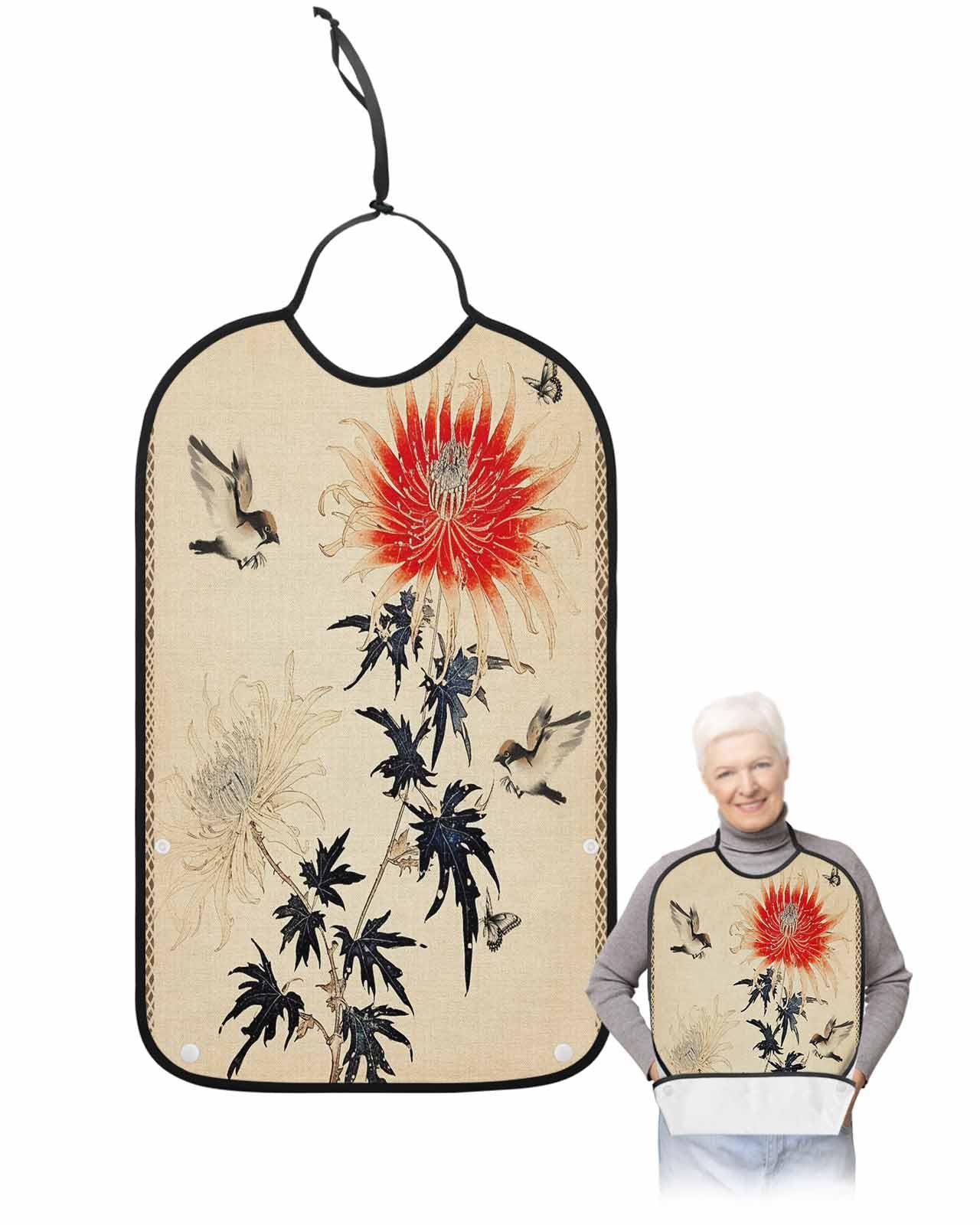 LEOKOTI Vintage Red Spring Floral Adult Bibs for Eating, Waterproof Bibs with Food Catcher & Adjustable Snap Closure, Summer Botanical Birds Retro Washable Clothing Protectors Adult Bibs for Elderly