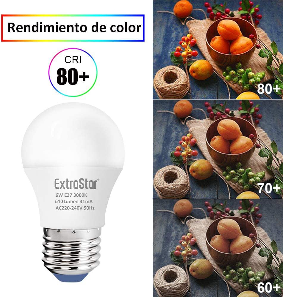 EXTRASTAR Bombillas LED 6W E27 G45, 510 Lúmen, Luz Cálida 3000K, No Regulable, 6Pcs