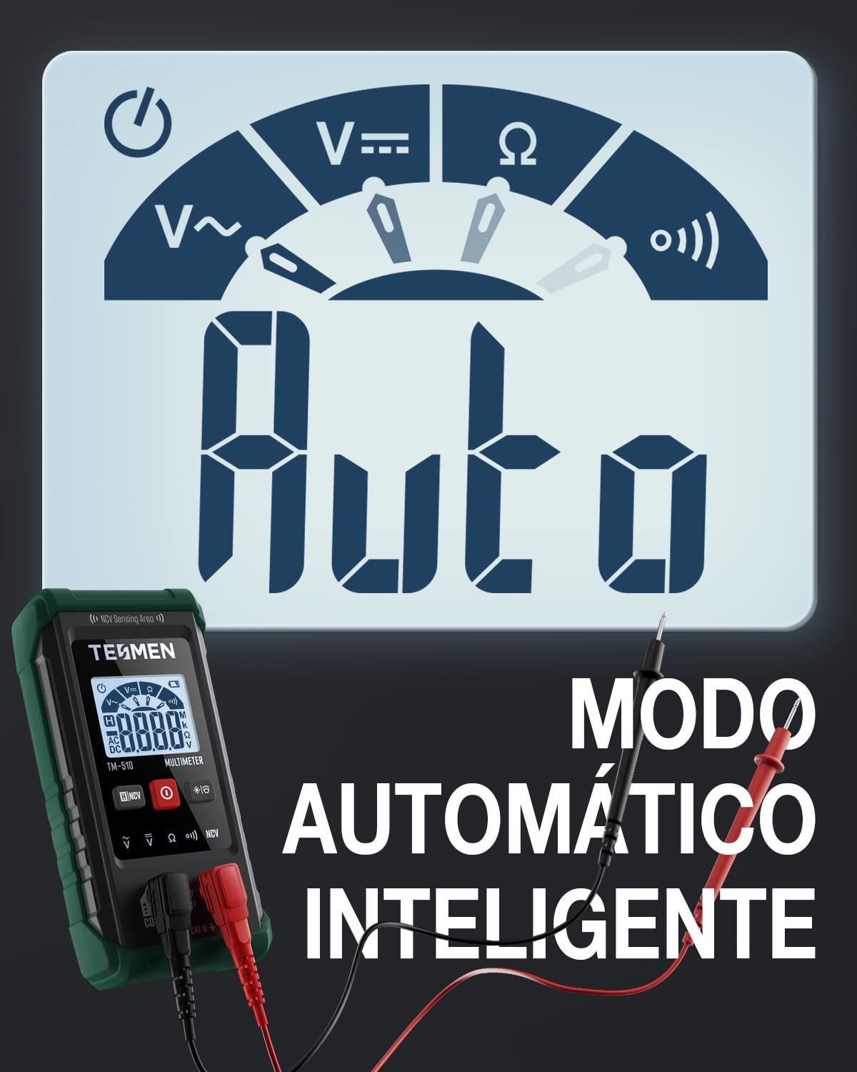 TESMEN TM-510 Multimetro Digital Profesional, Polimetro 4000 Conteos, Tester Electricista sin Contacto, Voltimetro Inteligente, Rango Automatico, Voltaje de CA/CC, Resistencia, Continuidad – Verde