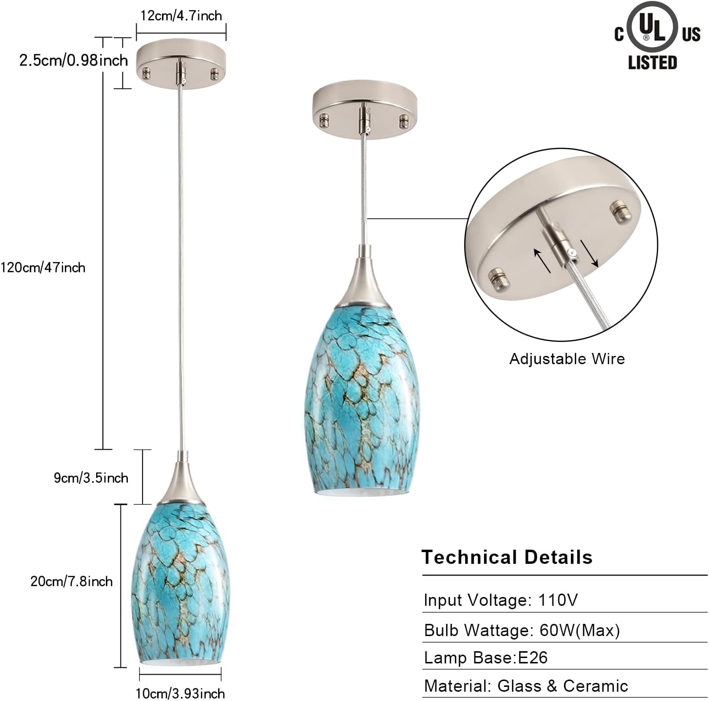 Kitchen Pendant Lighting for Island, Modern Edison Hanging Light with Handcrafted Art Glass, Adjustable Nylon Core Ceramic Holder Lighting Fixture Indoor for Dining Room, Entryway (Bulb Not Included)