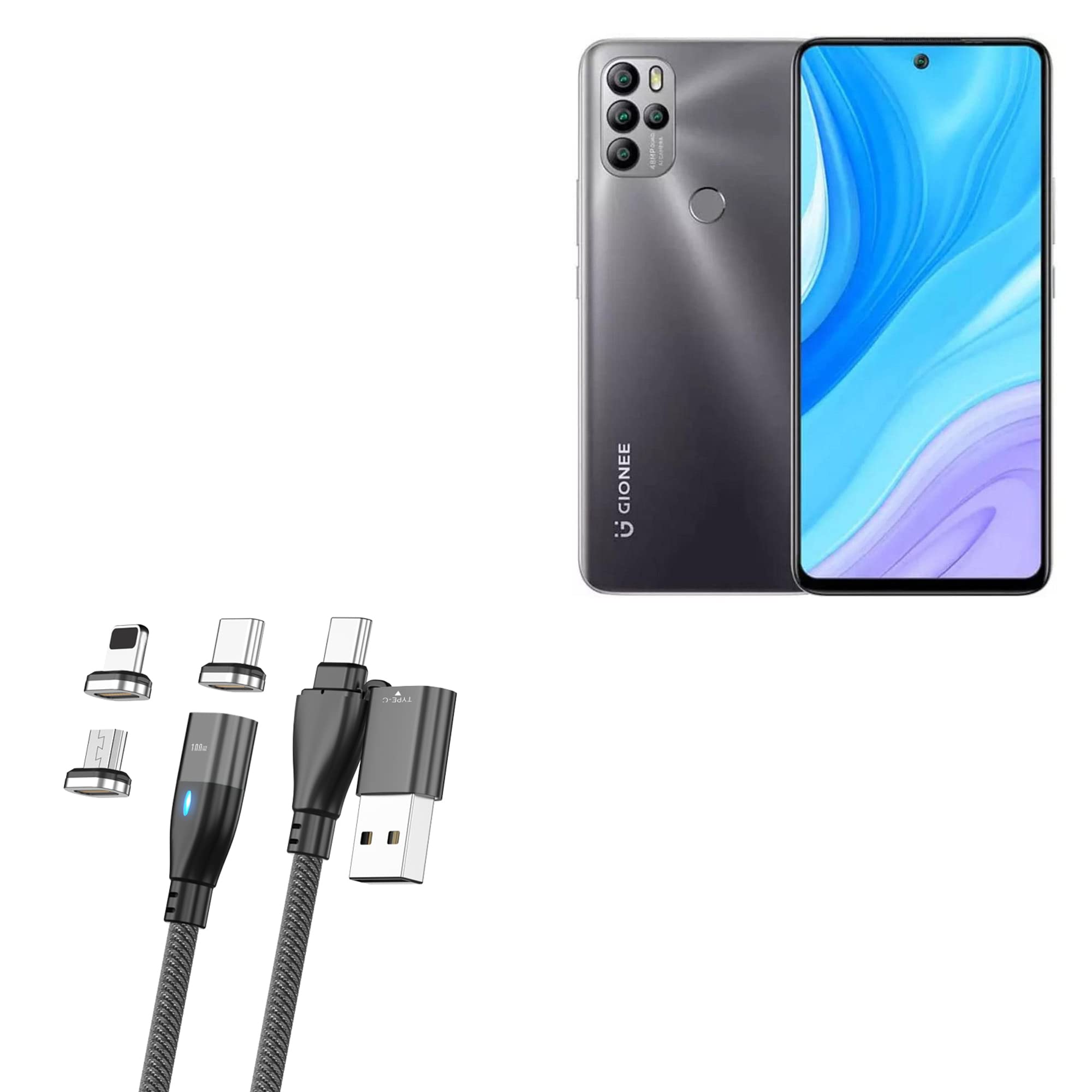 BoxWave Cable Compatible with Gionee M15 - MagnetoSnap PD AllCharge Cable (100W), Magnet PD 100W Charging Cable USB Type-C Micro USB for Gionee M15 - Jet Black