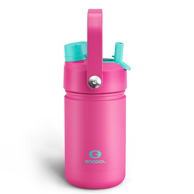 ENCOOL Kids Insulated Water Bottle with Straw - 12oz Stainless Steel Water Bottle with Dual Spouts Leak-Proof BPA-Free