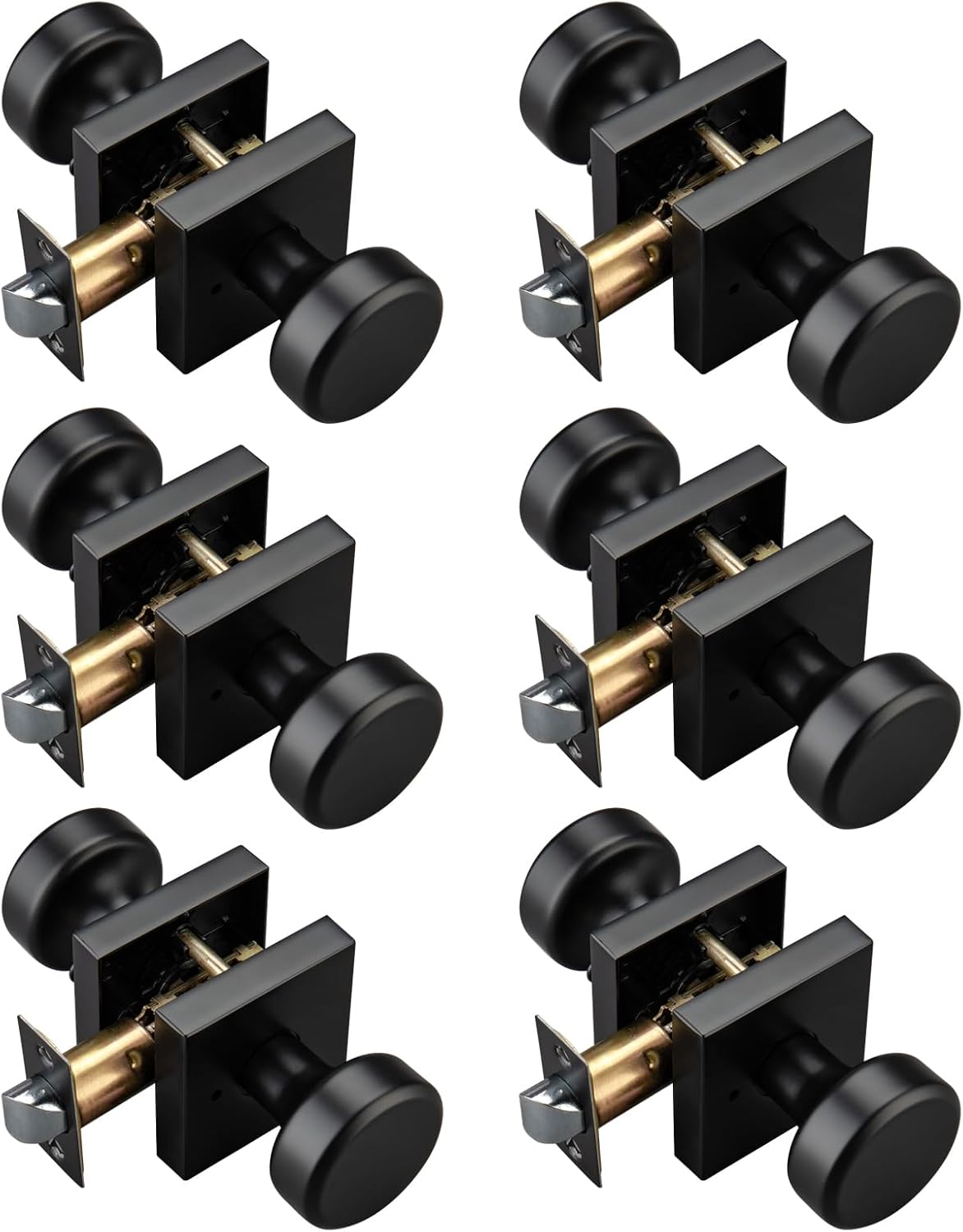 6 Pack Black Door Knobs with Square Rosette, Interior Door Handles for Bath & Bed, Heavy Duty Door Knob with Lock