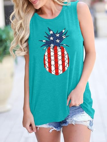 Womens Patriotic Graphic Tank Tops Pineapple Graphic Shirt Fourth of July Graphic Tees USA Flag Star Stripe Round Neck Shirt Top-M (Mint Green)
