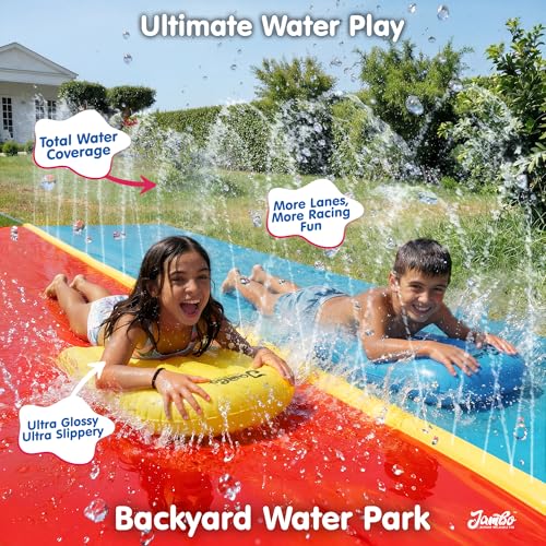 Image of JAMBO 22ft Double Lane Slip Splash and Slide with 2 Bodyboards with Built in Sprinkler for Backyard Outdoor Water Fun for Kids