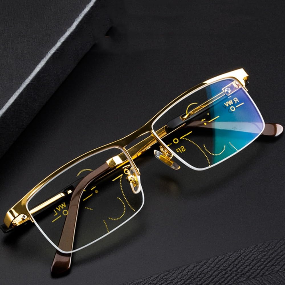 SFIVE Progressive Multifocus Lesebrille Metall Halber Rahmen Presbyopie Brille HD Lesebrille Anti-Blau Für Männer 1.0 1.5 2.0 2.5 (Color : Gold, Size : +3.0)