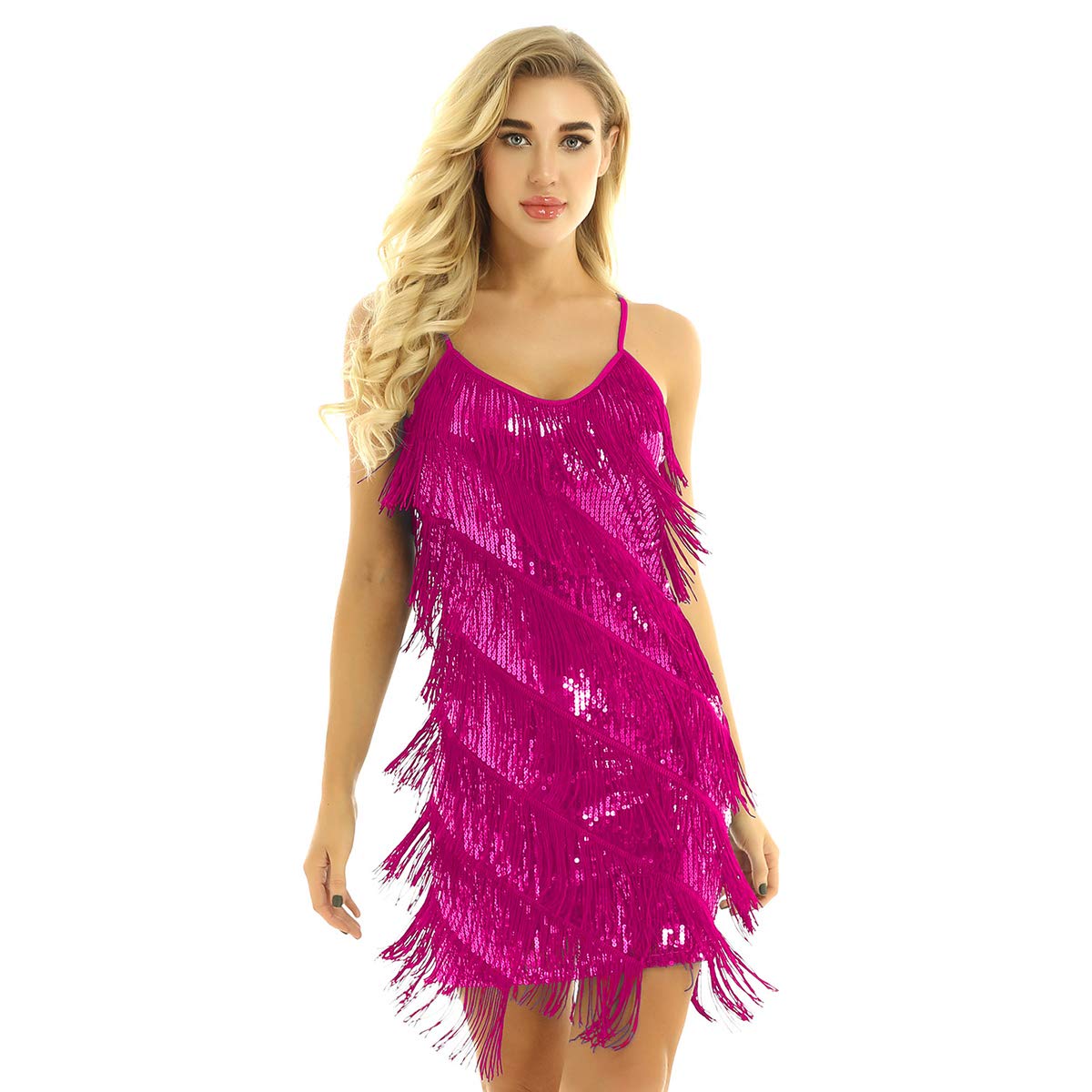 Freebily Vestido de Baile Latino para Mujer Vestido Clásica Tango con Lentejuelas Brillante y Flecos Vestido Baile Sexy Fiesta Carnaval Mujer