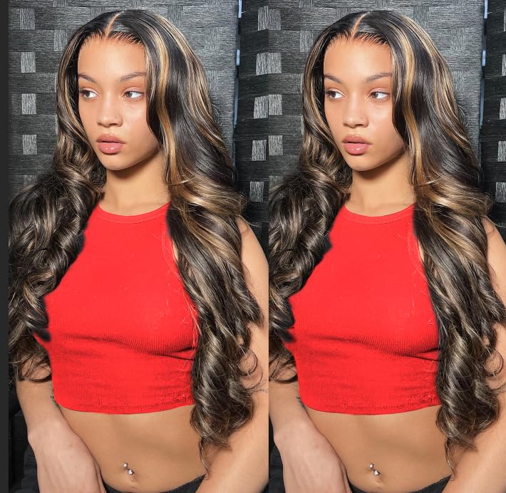Blomas Peluca de cabello humano con reflejos balayage de 24 pulgadas, encaje frontal 1B27, pelucas de encaje frontal para mujeres, pelucas de encaje