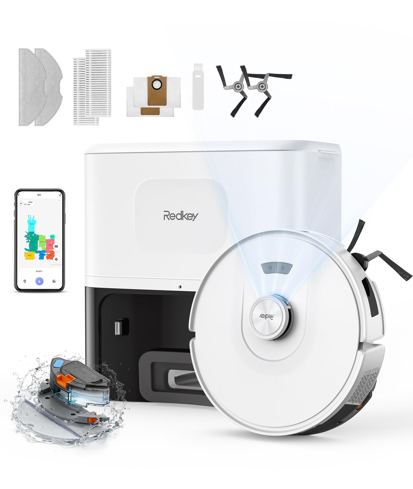 Redkey D8 Robot Aspirador y Fregasuelos, 25000Pa Aspirador Robot con Base, 4L Auto-Vaciado, Anti-Enredo de Cabello, Navegación LiDAR, Ideal para Alfombras y Pelos de Mascotas, Voz y aplicación