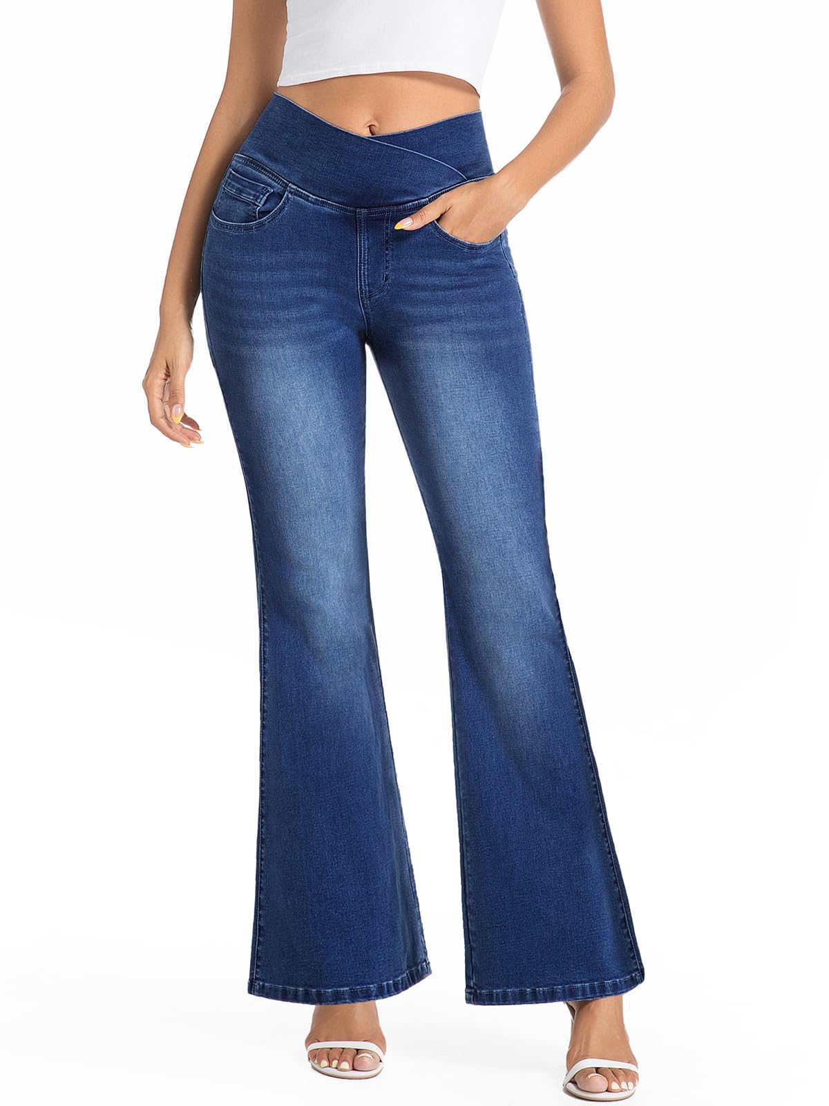 VX VONXURY Flare Jeans Femme Bootcut Élastique Pantalon Taille Haute Effet AmincissantStyle Patte d'Éléphant V-Waist sans Boutons