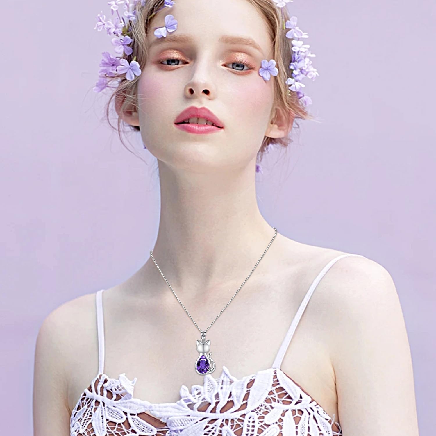 Odinstone Cat Birthstone Necklaces Jewelry Sterling Silver Cat Pendant Necklace Gift for Women Gifts, 18'' Silver Box Chain Women's Birthstone Crystal Cat Jewelry Gifts - Image 5