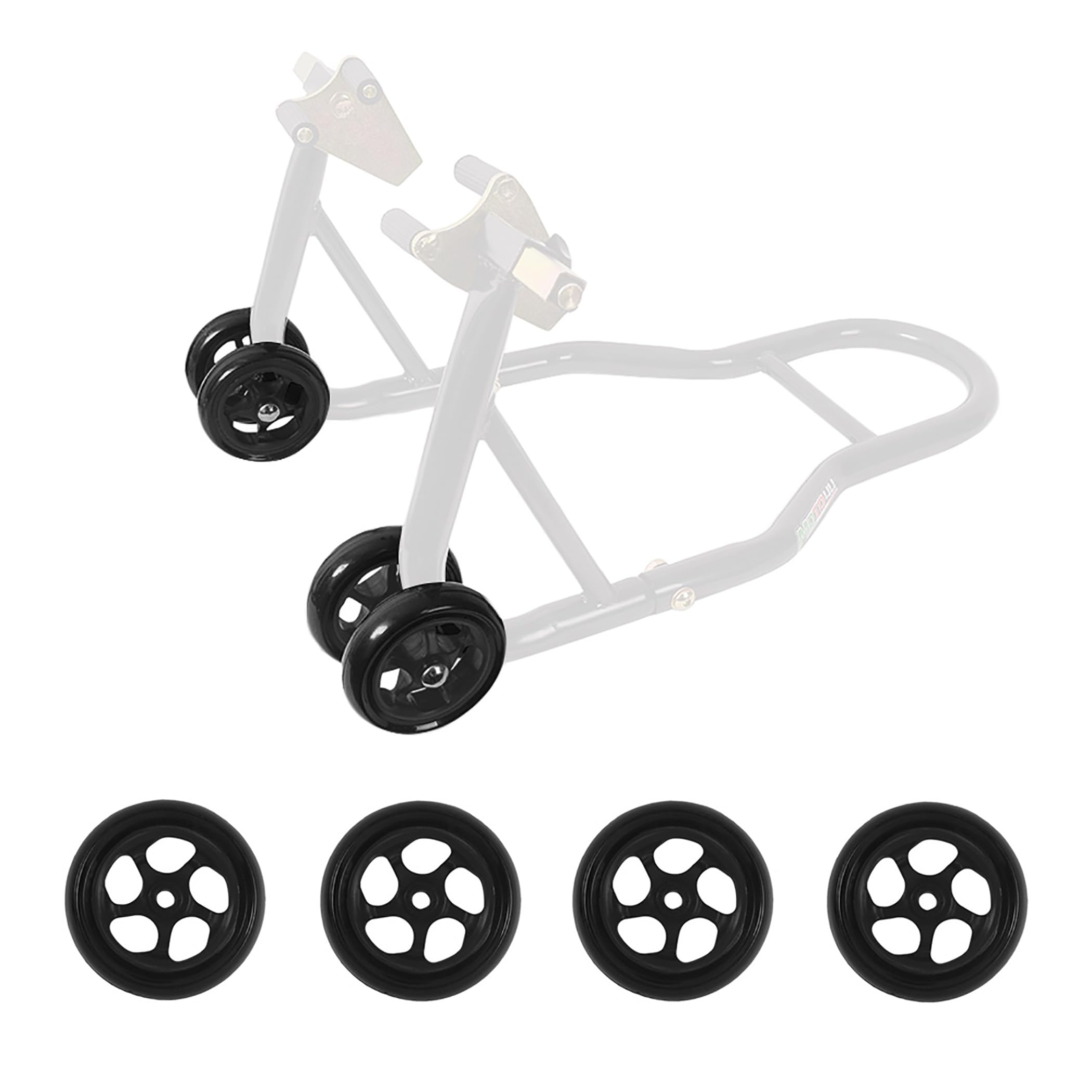 MOTO4U Lot de 4 roues de rechange pour moto - Support de levage avant et arrière - Triple arbre - Support de bras oscillant unilatéral - 4 pneus - Noir