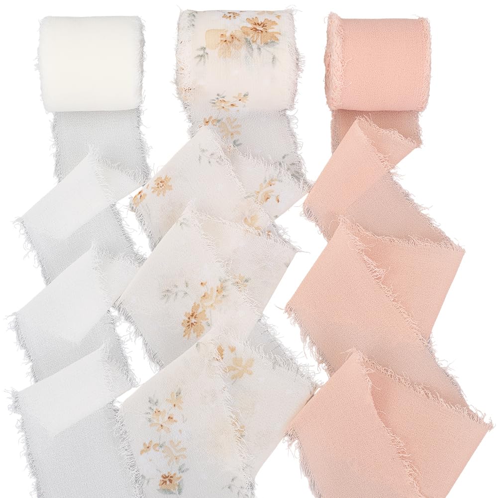 CRASPIRE 3 Style Floral Fringe Chiffon Ribbon 15Ydsx1.7In Handmade Frayed Edge Fabric Silk Chiffon Ribbon Set for Wedding Party Birthday Invitations Spring Flower Bouquets DIY Crafts Gift Wrapping