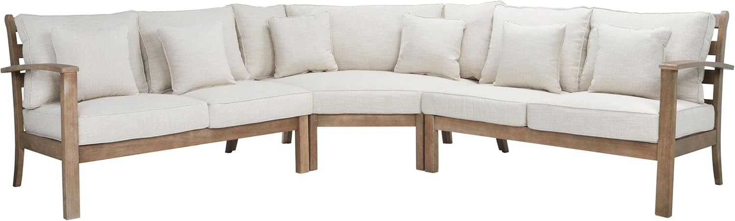 SAFAVIEH Couture Outdoor Patio Furniture Collection - Rosabecca Natural & Beige Solid Wood Sectional Sofa, Modern Outdoor Corner Couch (DUP1000B)