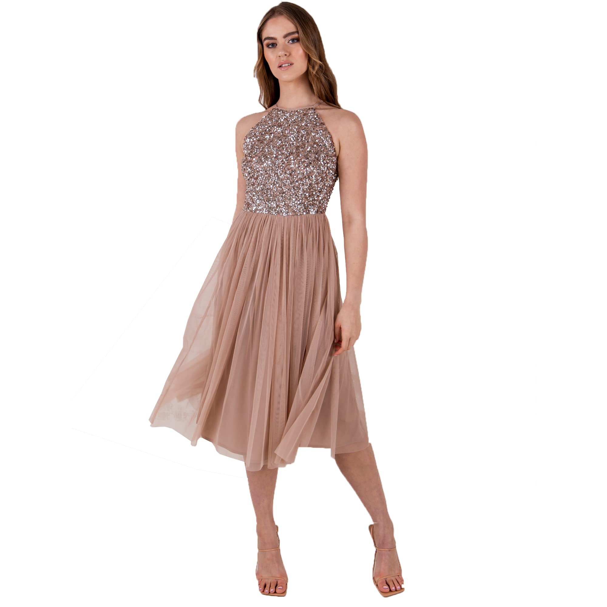 Maya Deluxe Maya Deluxe Womens Ladies Midi Dress with Halter Neck Tulle for Evening Graduation Prom Wedding Bridesmaids Ball Gown Vestito per Damigella d’Onore Donna
