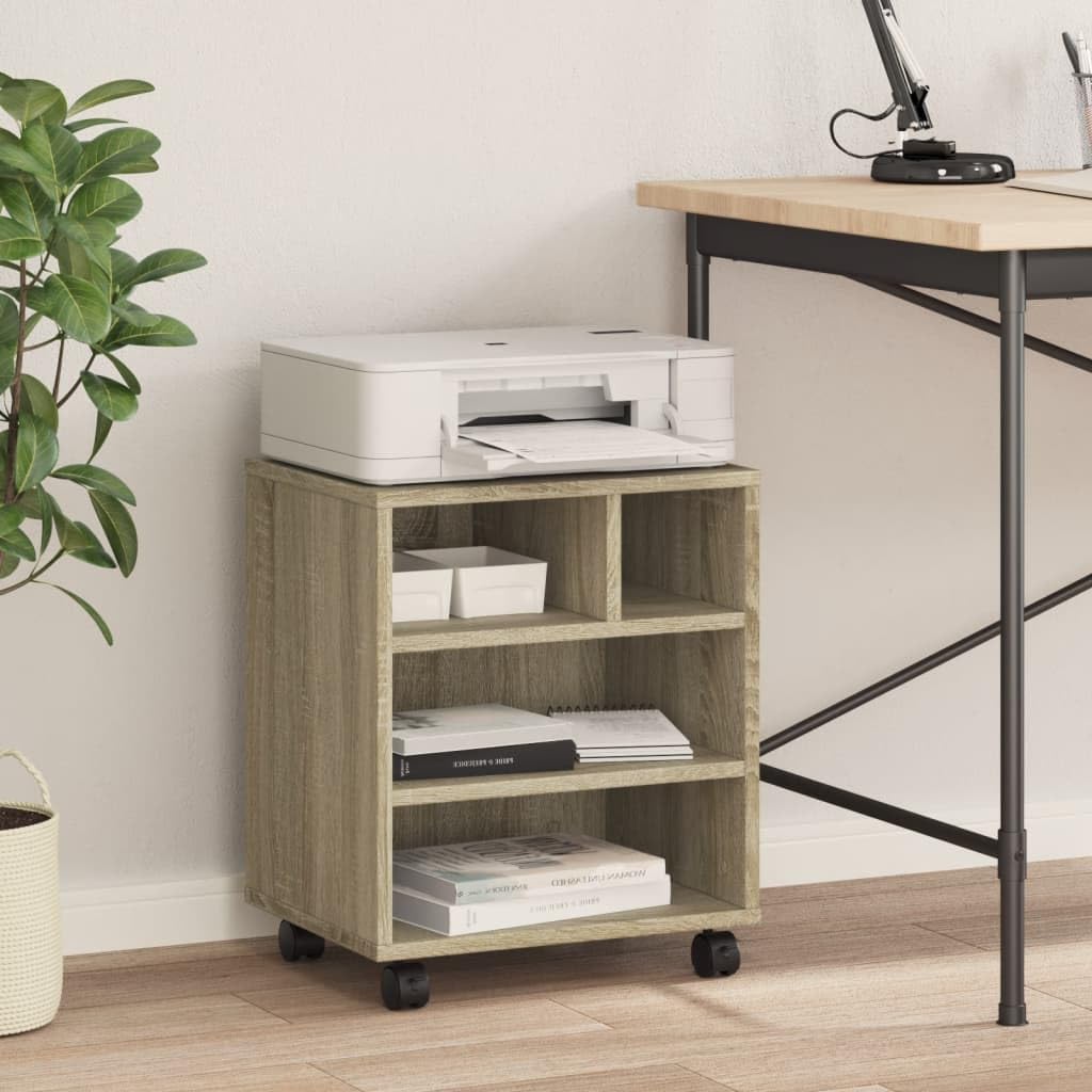 Druckerständer mit Rollen Sonoma-Eiche 41x32x48 cm mobiler Druckertisch mit Stauraum und Ablagefach für Büro Homeoffice Arbeitszimmer als Regal Beistelltisch fahrbar stabil