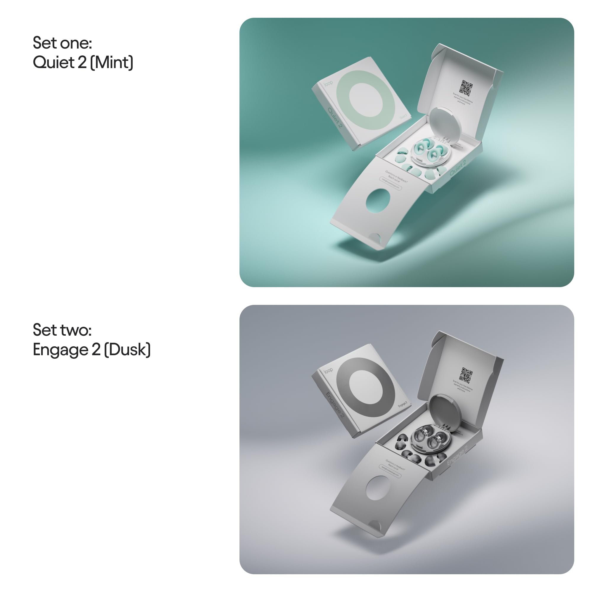 Loop Earplugs, coffret Au Quotidien (lot de deux) – Quiet 2 + Engage 2 | Bouchons d’oreille réutilisables pour le sommeil, la concentration, la sensibilité au bruit