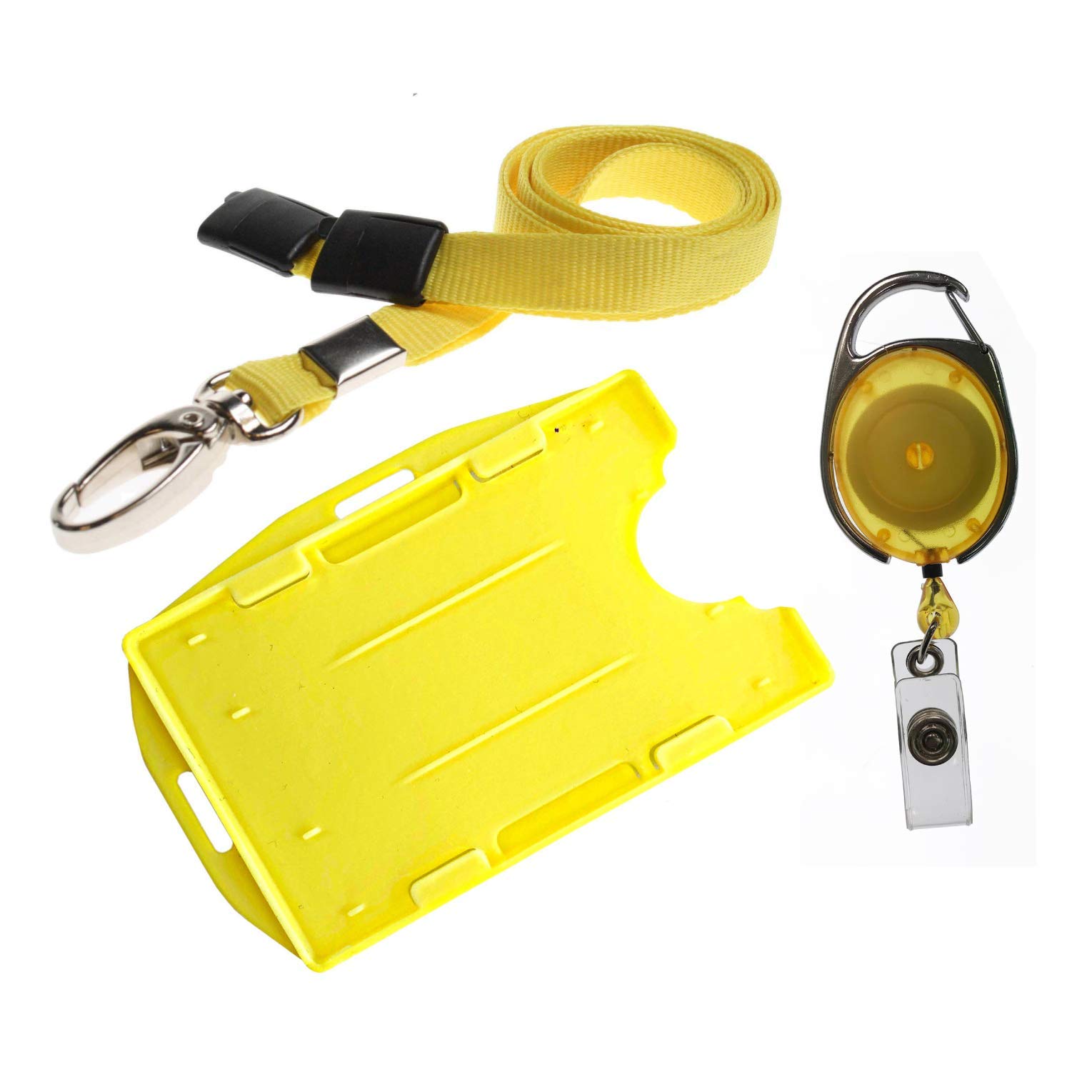 PCL Media ltd 3 Piece ID Badge Set Yellow Includes Metal Lobster Clip Lanyard, Retractable Badge Reel, Dual Double Sided ID Card Badge Holder (Landscape & Portrait in one Card Holder)