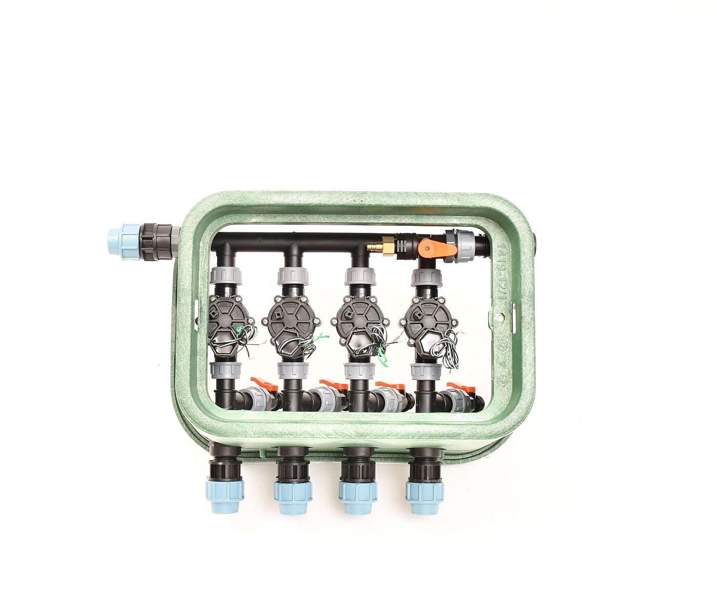 Ventilbox mit 4 Rain Bird 100-DV Magnetventilen (4 Zonen) für 25 mm PE-Rohr Bewässerung, 24V AC Plug&RainExpert