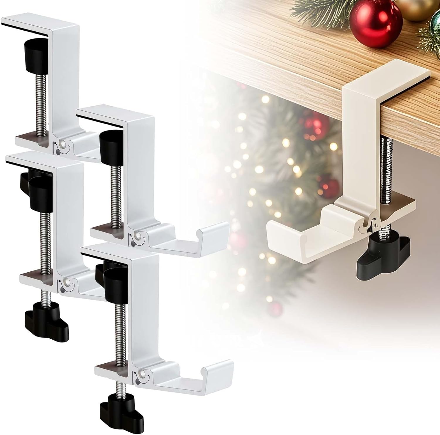 2 in 1 Garland and Stocking Mantel Holders, 2026 New Adjustable No Drill Fireplace Stocking Hooks Double Door Garland Hanger with 2 Hooks, Upgrade Heavy Duty Stocking Holders for Mantle (White, 4 Pcs)