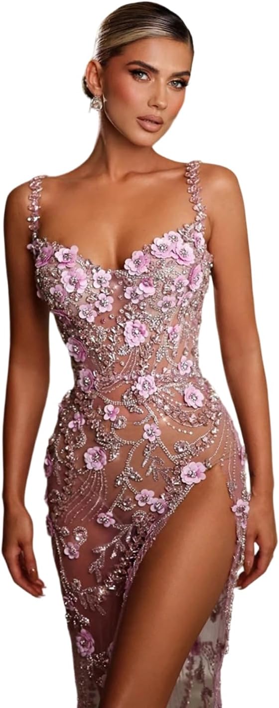 Women's Beaded Halter top with Pearl Sequins, Three-Dimensional Floral Embellishments, high Slit, Sheer mesh Dress