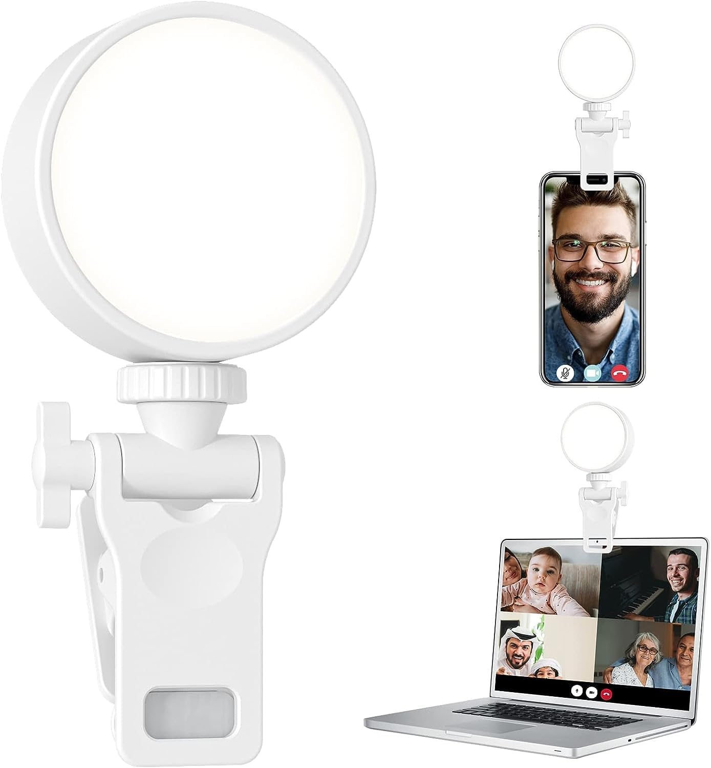 LucaSng 60 LED Selfie Light Rechargeable Phone Ring Light with Adjustable 3 Light Modes, Portable Clip-on Selfie Light for iPhone, Phone, Laptop, Camera, Selfie, Zoom Calls, Video Conference (White)