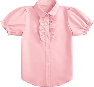 Girls Short Sleeve Button Down Shirts Ruffle School Uniform Crop Tops Peter Pan Collar Plaid Blouse 4-13Y