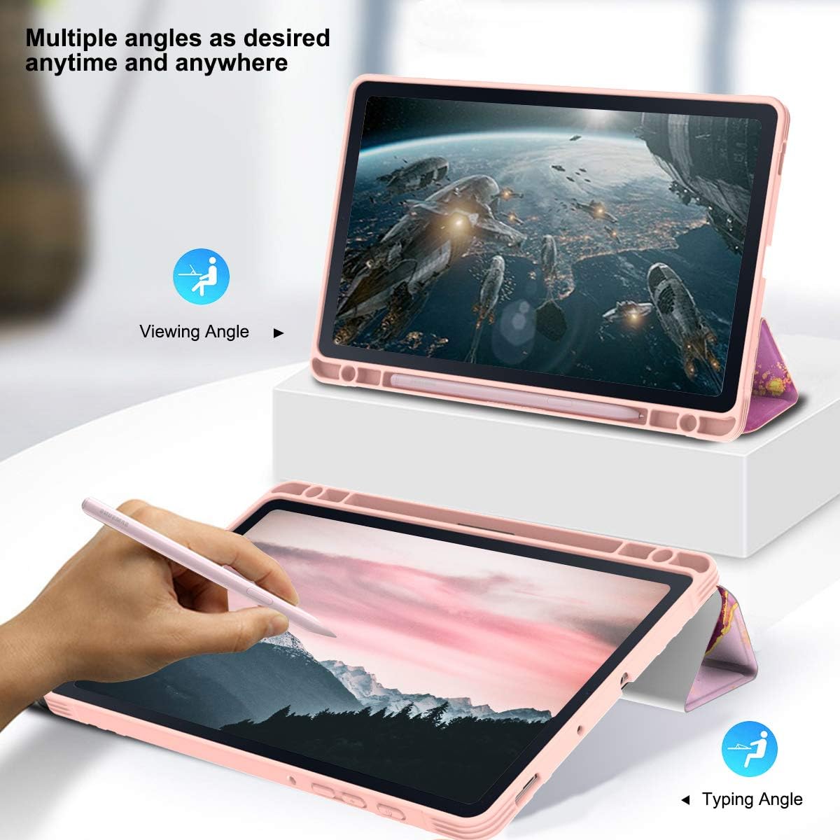 PIXIU Lightweight Trifold Stand Smart Case for Samsung Galaxy Tab S6 Lite 10.4" 2022/2020 with S Pen Holder, Multi-Angle Viewing Soft TPU Cover with Auto Wake/Sleep SM-P610 / P615/ P613 / P619 Marble