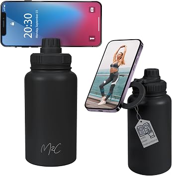 M2C Magnetic Insulated Water Bottle 24oz Black Compatible with MagSafe Magnetic Tumbler, Gym Water Bottle with Tripod Mount, Cell Phone Holder