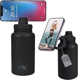 M2C® Magnetic Insulated Water Bottle 24oz (Black) – Compatible with MagSafe Magnetic Tumbler, Gym Water Bottle with Tripod Mount, Cell Phone Holder