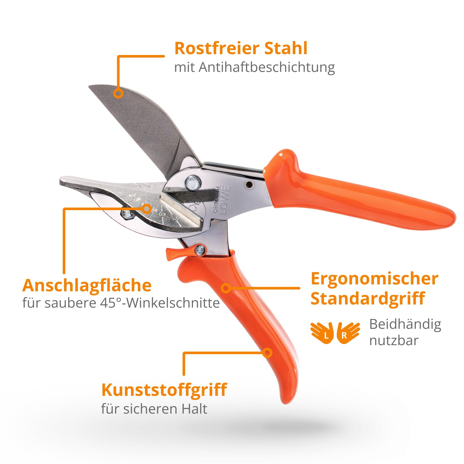 Original LÖWE Gehrungsschere 3.104 mit 45 Grad Anschlägen für professionellen Einsatz in Industrie und Handwerk - Amboss Winkelschneider für präzisen Schnitt an Kunststoff Gummi Holz PVC Leder, Metall