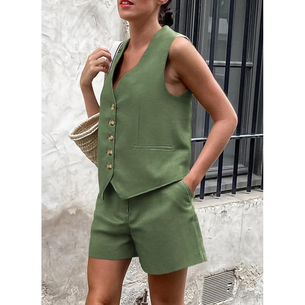 Combinaison d'été deux pièces pour femme, gilet sans manches col en V boutonné, short deux pièces pour femme