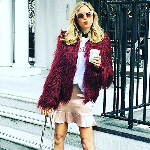 Anself Women's Shaggy Faux Fur Coat Solid Color Long Sleeve Short Jacket Burgundy