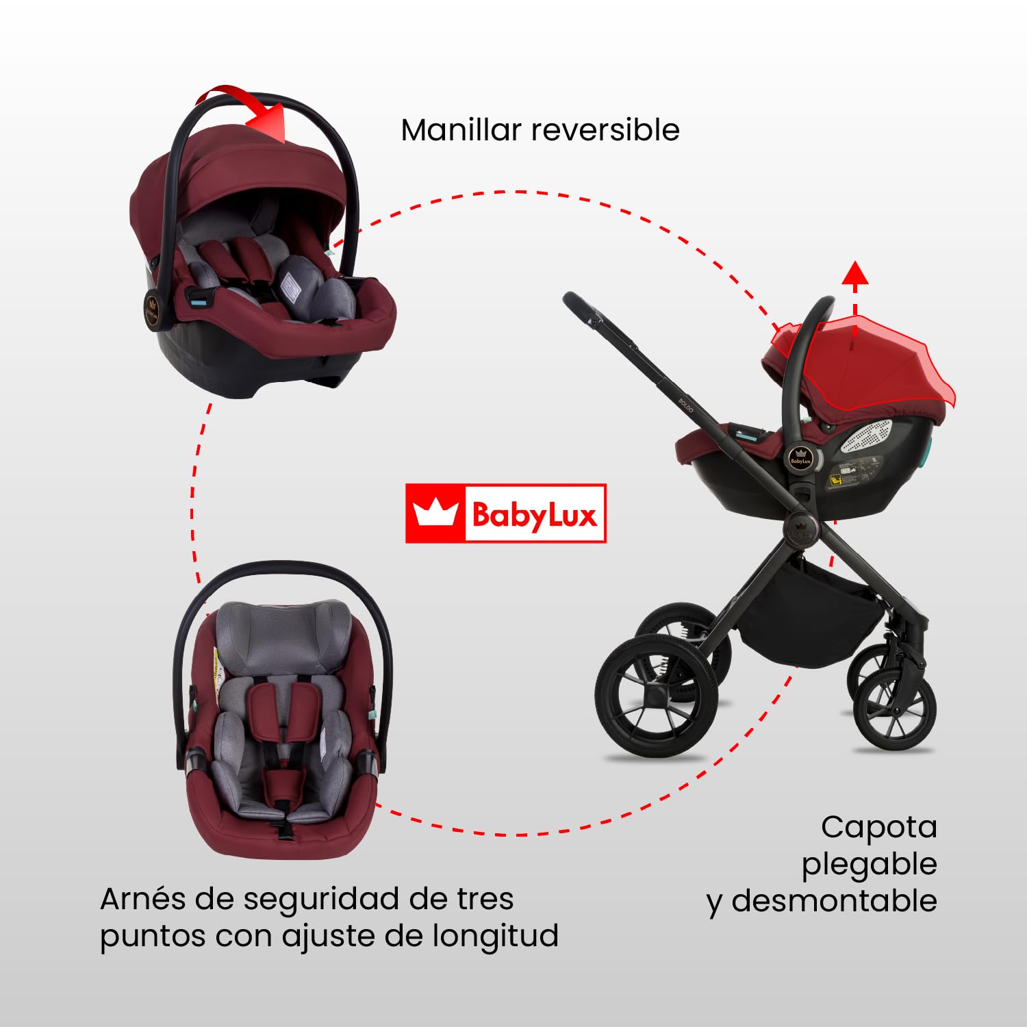 BabyLux® Carrito Bebe 3en1 BOLDO, Conjunto de Cochecito Ligero y Plegable | Incluye Capazo, Silla de Paseo, Portabebés i-Size, Bolso Cambiador y Más Accesorios, 0-22kg, Protección UV 50+,Ventilación