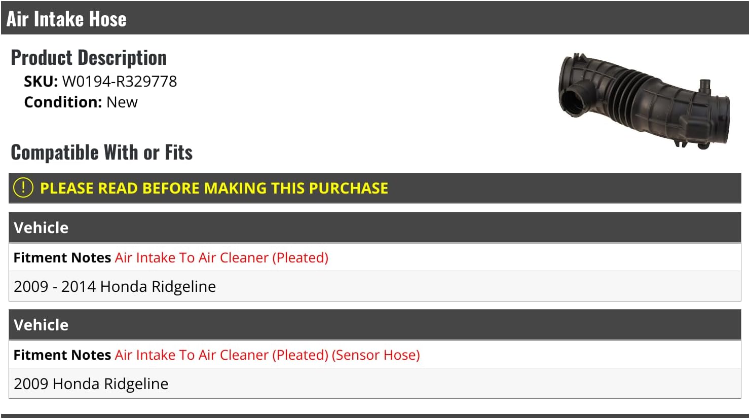 Marketplace Auto Parts Air Intake Hose - Compatible with 2009-2014 Honda Ridgeline (Air Intake to Air Cleaner)