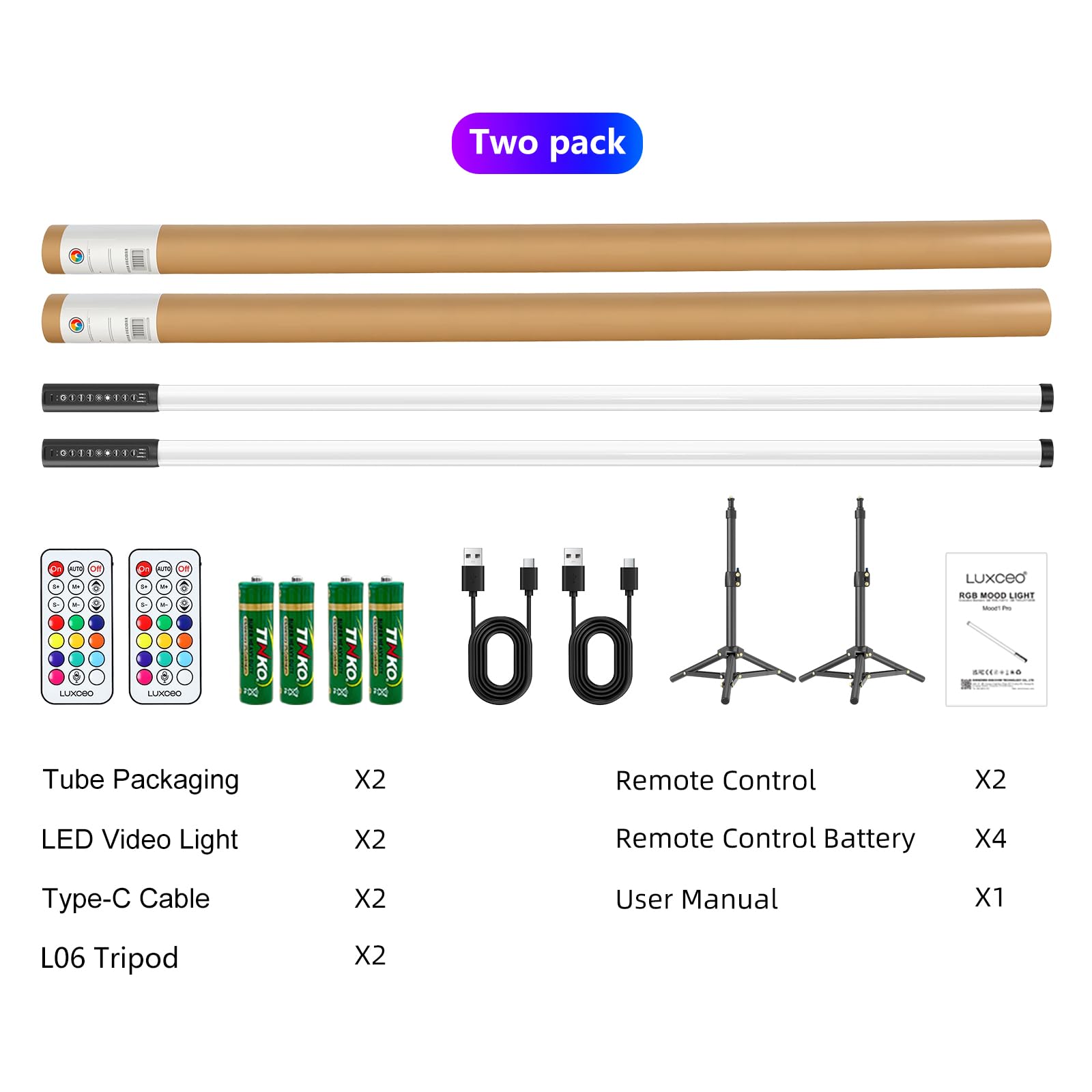 LUXCEO 2Pack 90cm RGB Tube Light Bar (3Ft) with Light Stand, 5000 mAh Battery Powered LED Video Light Wand Stick for DJ Lighting, Dance Club and Photography Lighting