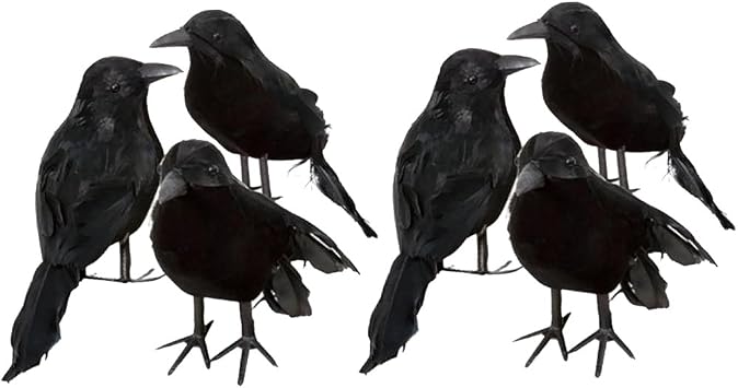 6 Pack Crows Artificial Bird Halloween Decor Raven Black Birds Black Feathered Crow Handmade Prop Decorations Realistic Animal Ornament Figurine Statue Model