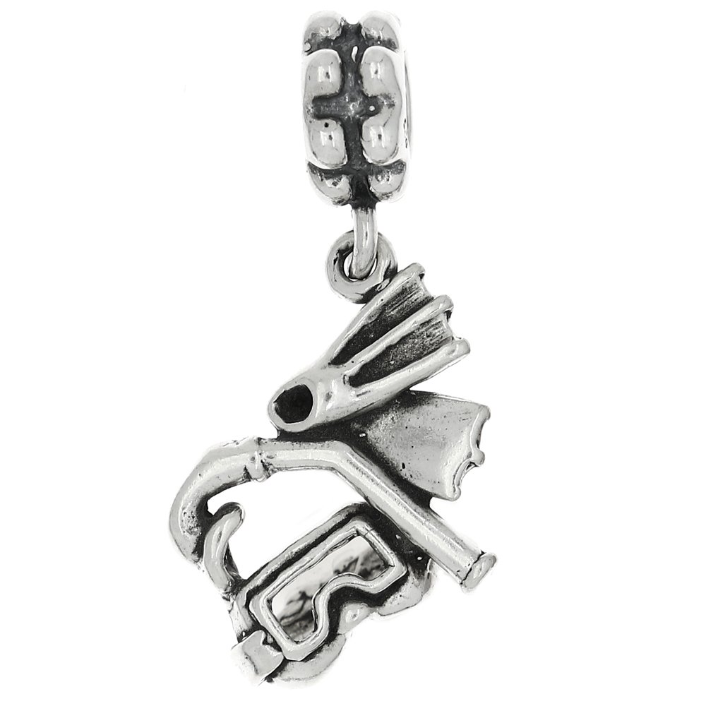 Sterling Silver Oxidized Scuba Diver's Gear Snorkeling Dangle Bead Charm Compatible with Pandora Bracelets