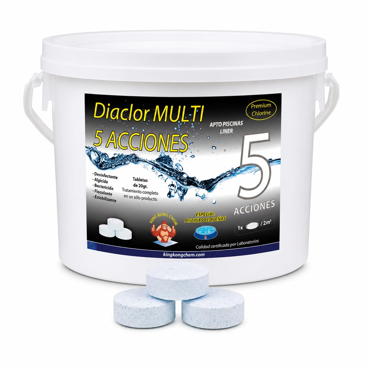 Cloro Piscinas Pequeñas DIACLOR Multi 5 ACCIONES 3 KG - Pastillas de Cloro Lento (20 gr- 3 cm Diámetro) - Tratamiento Completo Multiacción - SIN Cobre -